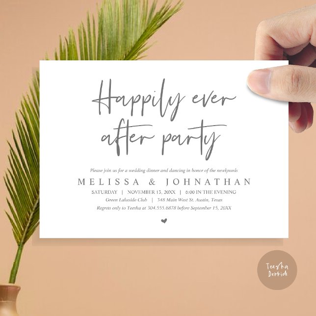 Invitación Cena de boda Elopement, felizmente después de Fies (Wedding Elopement Dinner, Happily Ever after Party Invitation Card, PDF, in Dark Grey)