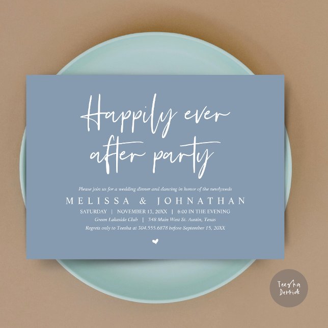 Invitación Cena de boda Elopement, felizmente después de Fies (Wedding Elopement Dinner, Happily Ever after Party Invitation Card, PDF, in Dusty Blue)