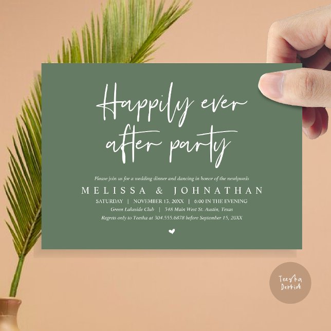 Invitación Cena de boda Elopement, felizmente después de Fies (Wedding Elopement Dinner, Happily Ever after Party Invitation Card, PDF, in Sage Green)