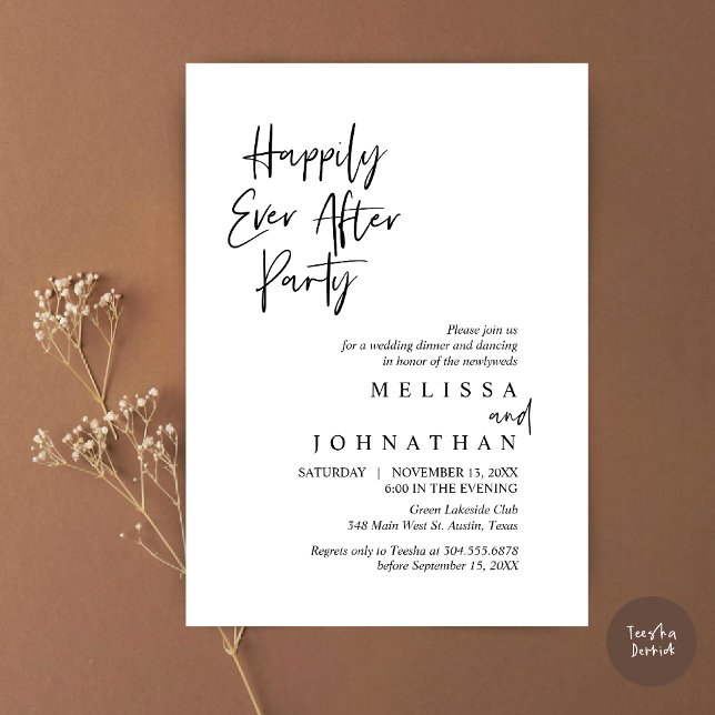 Invitación Cena de boda Elopement, felizmente después de Fies (Happily Ever after Party, Wedding Elopement Dinner Invitation Card, PDF, in Black and White)