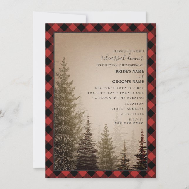 Invitación Cena de Boda Evergreen con relleno de búfalo (Anverso)