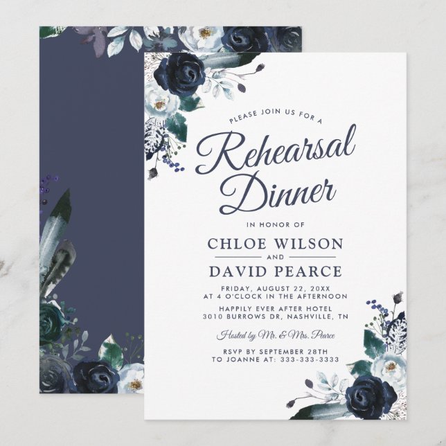 Invitación Cena de Boda floral azul-rustico (Anverso / Reverso)