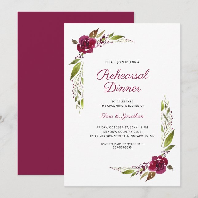 Invitación Cena de Boda floral borgoñesa (Anverso / Reverso)