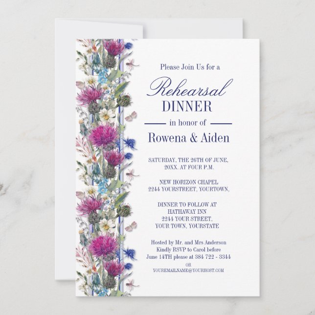 Invitación Cena de Boda floral de cardo escocés (Anverso)