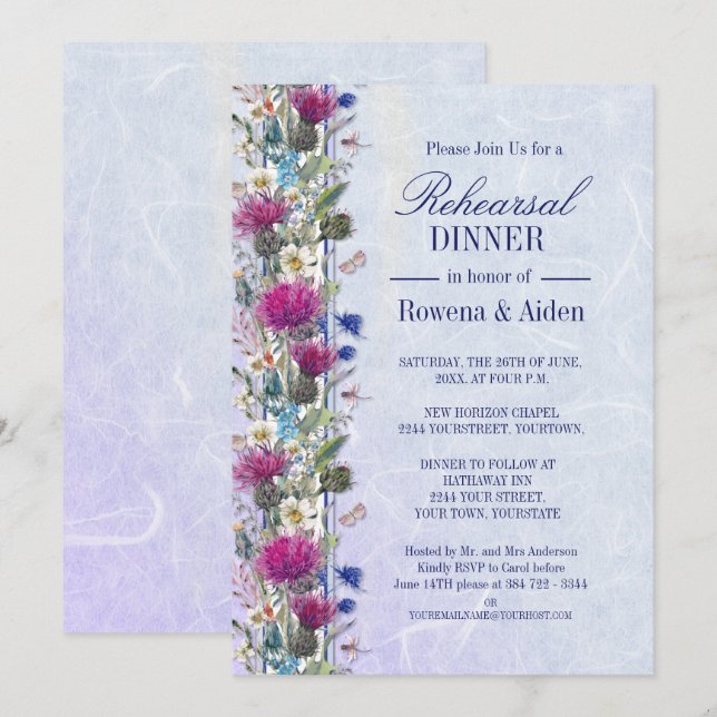 Invitación Cena de Boda floral de cardo escocés (Anverso / Reverso)