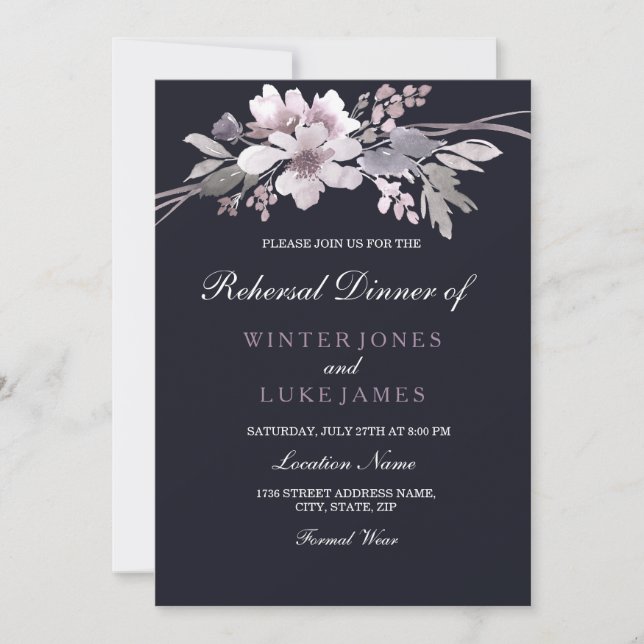 Invitación Cena de Boda floral de invierno de la Marina Púrpu (Anverso)