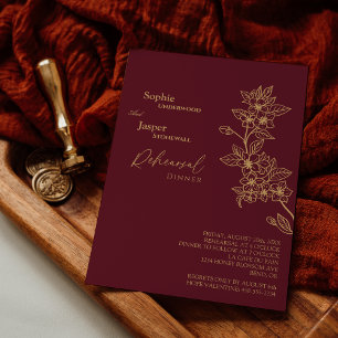 Invitación Cena de Boda floral de oro de Borgoña