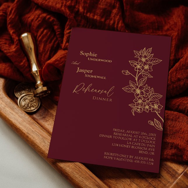 Invitación Cena de Boda floral de oro de Borgoña (Subido por el creador)
