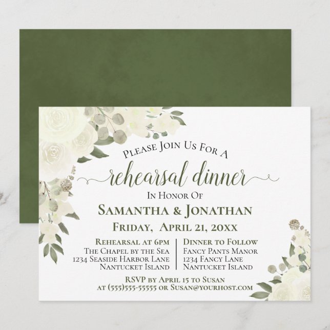 Invitación Cena de Boda floral de rosas blancas marfil (Anverso / Reverso)