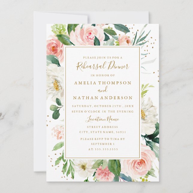 Invitación Cena de Boda floral Gold Rubor (Anverso)