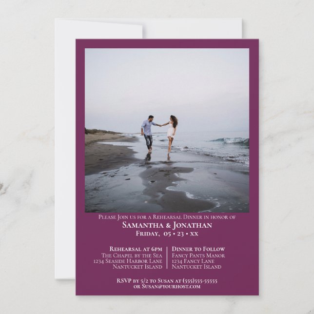 Invitación Cena de Boda fotográfico de cassis mínima (Anverso)