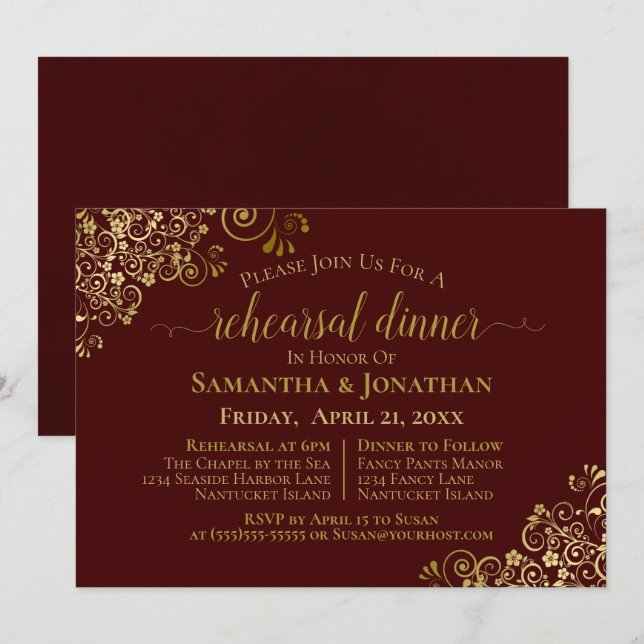 Invitación Cena de Boda Gold Lace Auburn Brown (Anverso / Reverso)