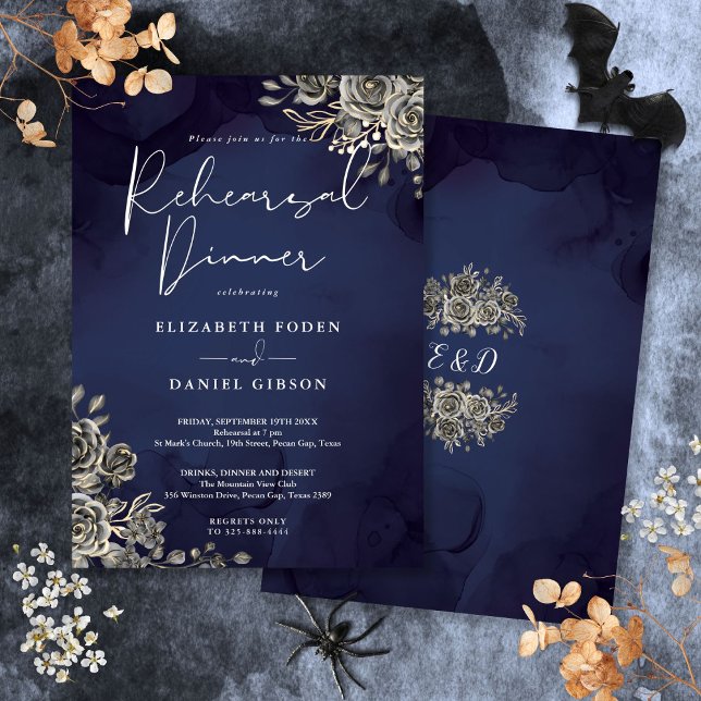 Invitación Cena de Boda gótico de medianoche (Midnight Blue Gothic Wedding Rehearsal Dinner Invitation)