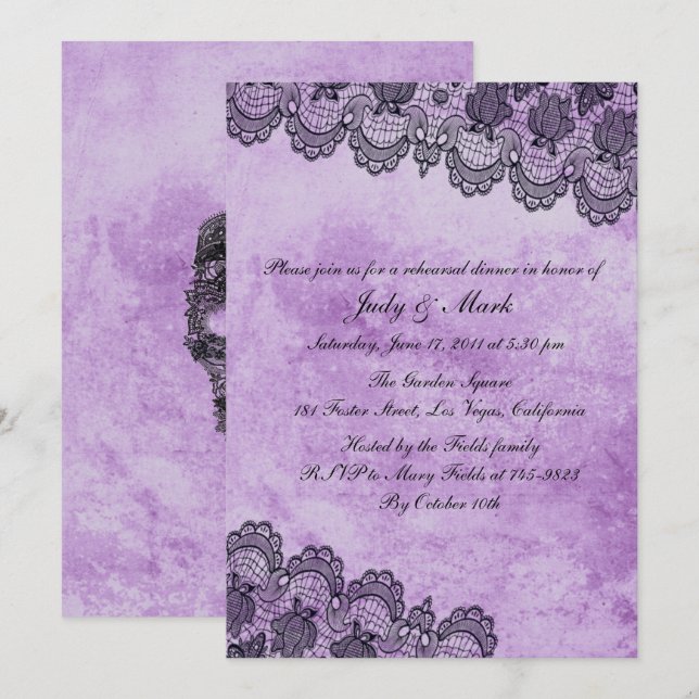 Invitación Cena de Boda gótico morado Black Lace (Anverso / Reverso)