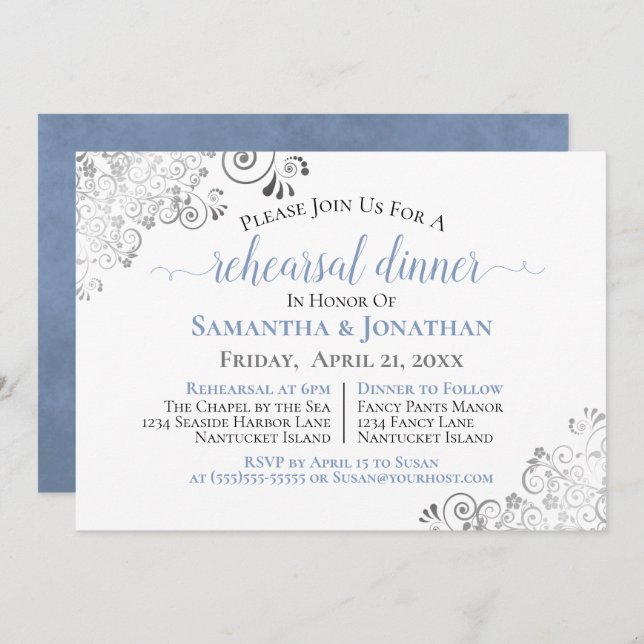 Invitación Cena de Boda Gris Azul Elegante Frilly (Anverso / Reverso)