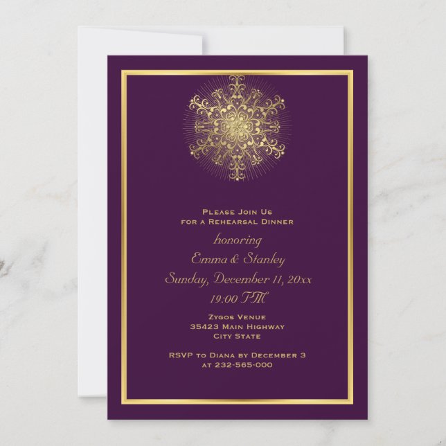 Invitación Cena de boda morado con copo de nieve dorado (Anverso)
