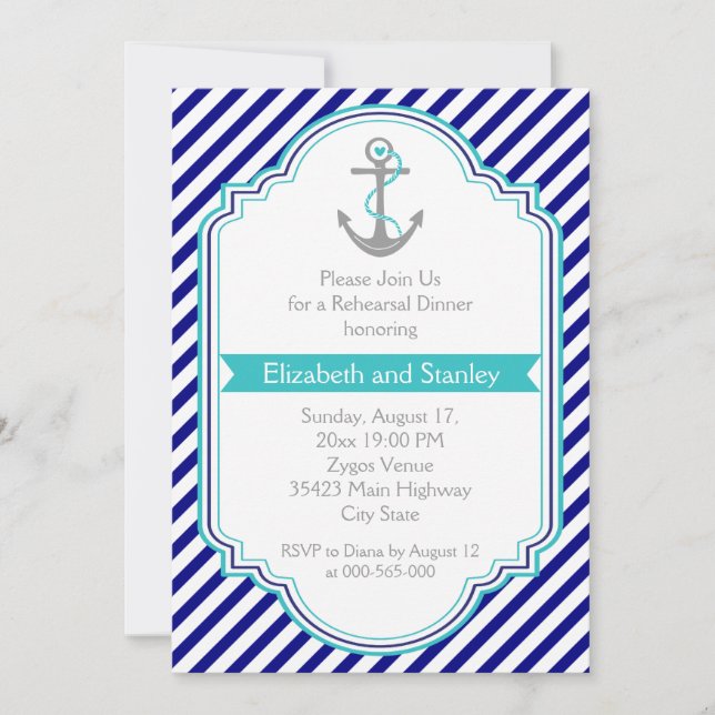 Invitación Cena de boda náutico azul marino, acuático (Anverso)