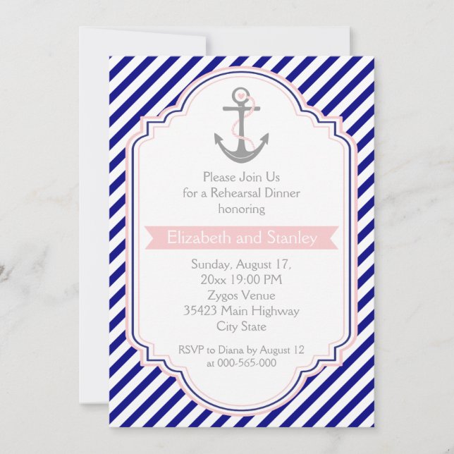Invitación Cena de boda náutico rosa azul marino (Anverso)
