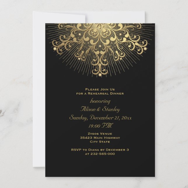 Invitación Cena de boda negro con copo de nieve dorado (Anverso)