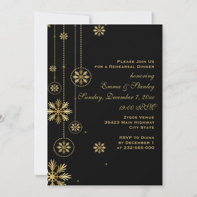 Invitación Cena de boda negro con copos de nieve de oro (Anverso)