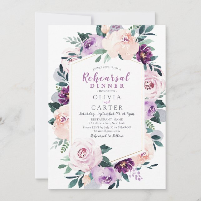 Invitación Cena de boda púrpura botánica en flor (Anverso)