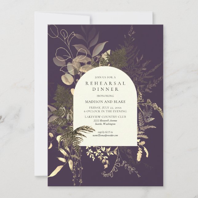 Invitación Cena de Boda púrpura dorada de verde (Anverso)