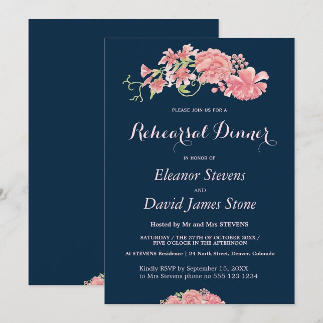 Invitación Cena de boda rubio y de marina floral (Anverso / Reverso)
