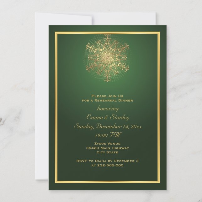 Invitación Cena de boda verde de copo de nieve de oro (Anverso)