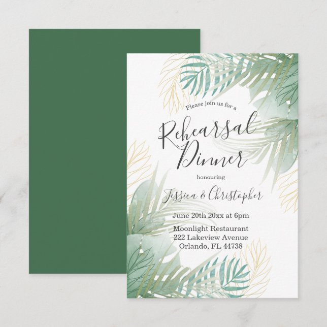 Invitación Cena de Boda verde palmo tropical sage (Anverso / Reverso)
