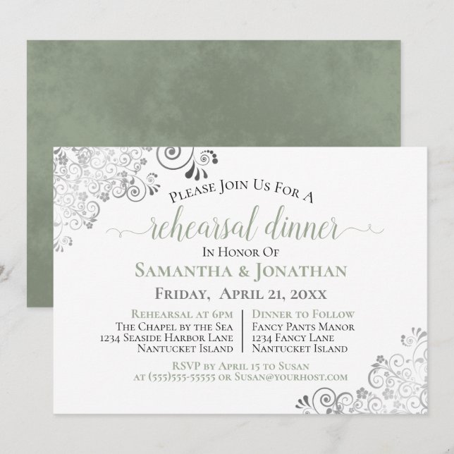 Invitación Cena de Boda verde sabio muy elegante (Anverso / Reverso)