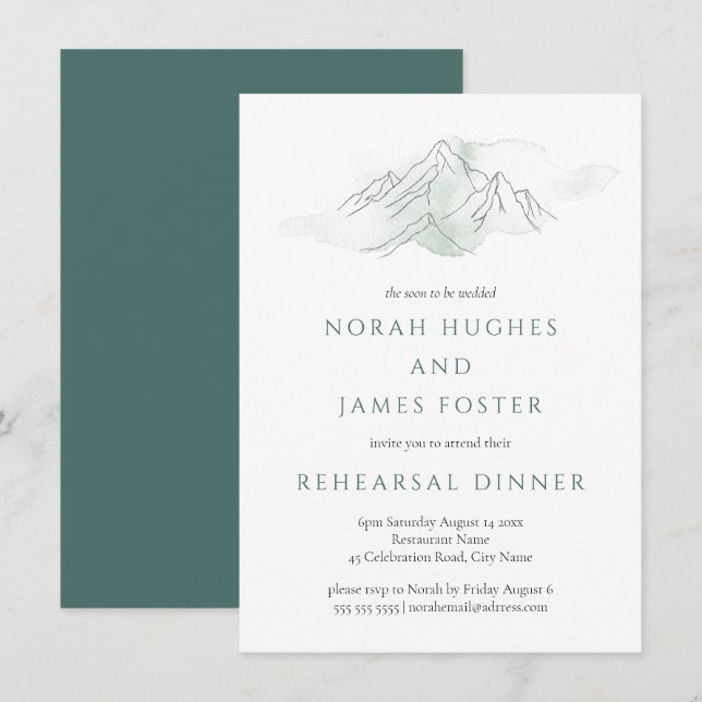 Invitación Cena de Boda verde y blanco de montaña (Anverso / Reverso)