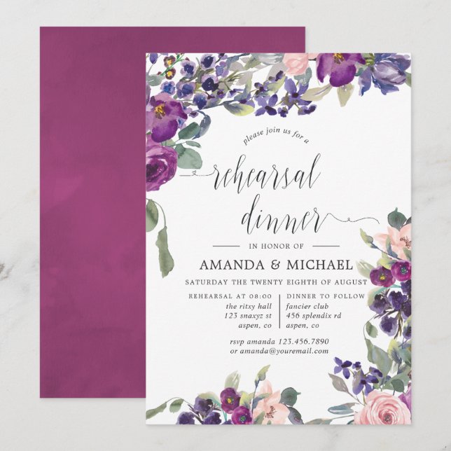 Invitación Cena de Boda violeta y floral de ciruelas (Anverso / Reverso)