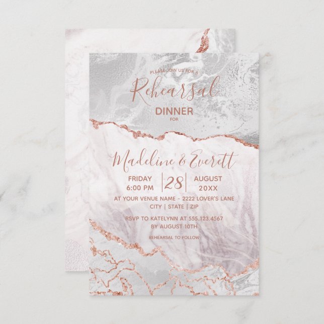 Invitación Cena de Boda White & Rosa Gold Agate (Anverso / Reverso)