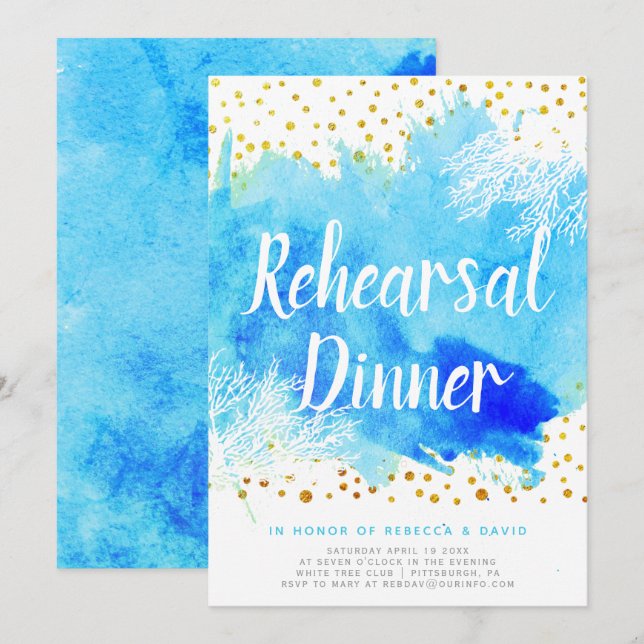 Invitación Cena de bodas de acuarelas y arrecifes de coral (Anverso / Reverso)