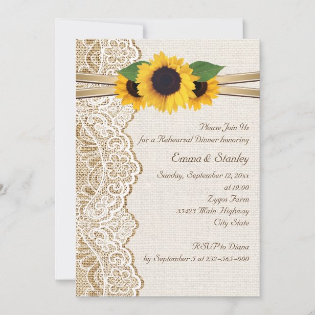 Invitación Cena de bodas de encaje, girasoles y burlap (Anverso)