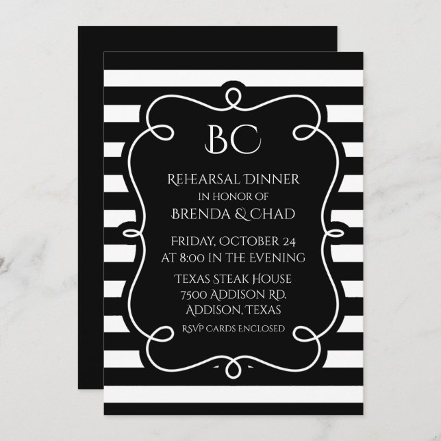 Invitación Cena de Bodas rayados en blanco y negro (Anverso / Reverso)