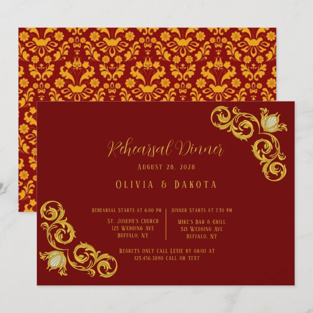 Invitación Cena de Bodas Reales Rojo y Oro (Anverso / Reverso)