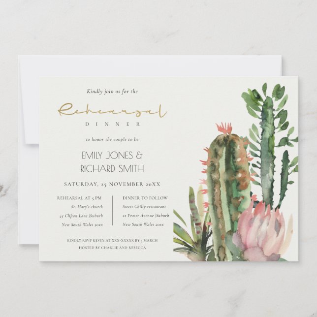 INVITACIÓN CENA DE BOHO PINK FLORAL CACTI FOLIAGE REHEARSAL E (Anverso)