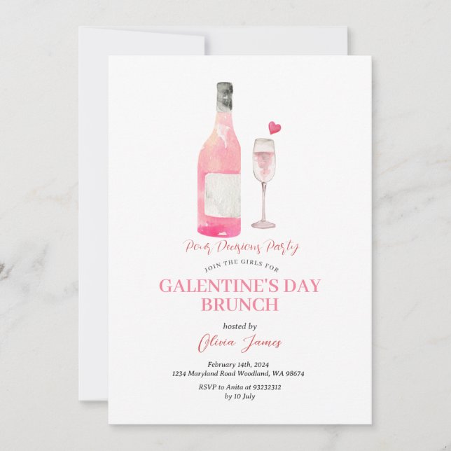 Invitación Cena de Brunch Fiesta del Día de Galentine con alc (Anverso)