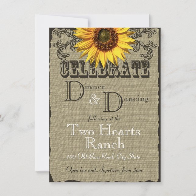 Invitación Cena de Burlap y de Sunflower y baile (Anverso)
