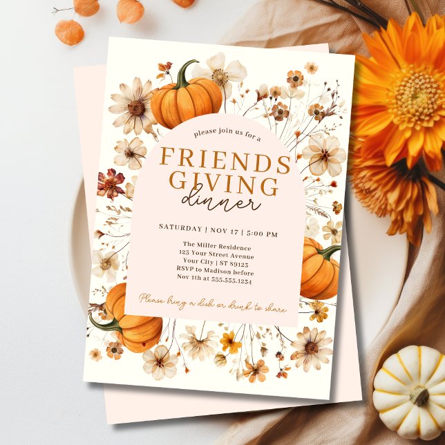 Invitación Cena de calabaza Floral Amigable (Fall Pumpkin Friendsgiving Dinner Invitation
)