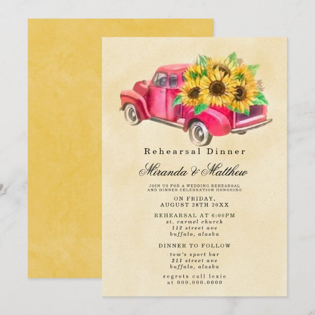 Invitación Cena de Camión Vintage Sunflowers (Anverso / Reverso)