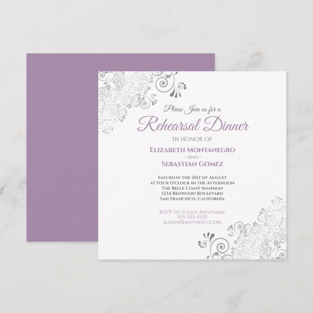 Invitación Cena de Cena Elegante de Boda Gris Morado (Anverso / Reverso)