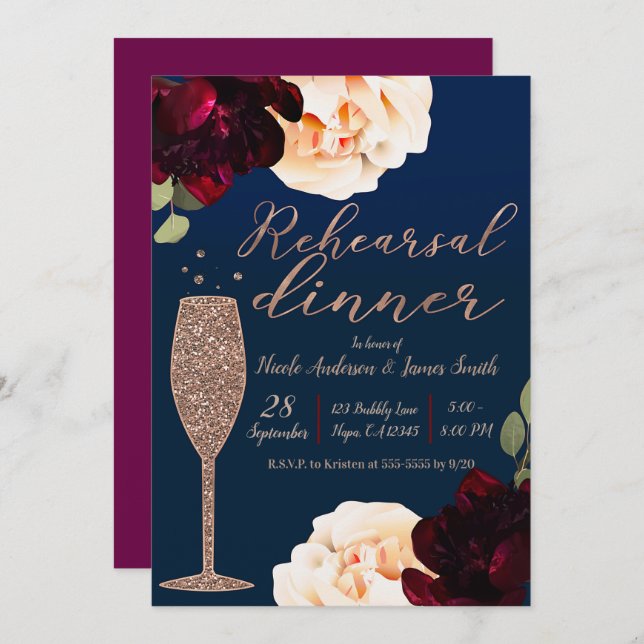 Invitación Cena de Champagne Floral Azul oscuro (Anverso / Reverso)