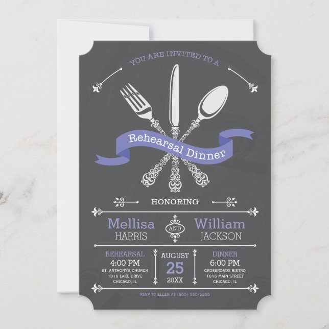 Invitación Cena de Cinta Púrpura para el ensayo de Chalkboard (Anverso)