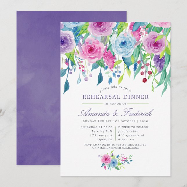 Invitación Cena de color de agua ultravioleta Floral (Anverso / Reverso)