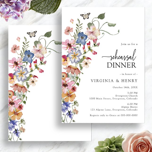 Invitación Cena de coloridos ensayos florales (Colorful Floral Rehearsal Dinner Invitation with Butterfly by Painted Paperie
)