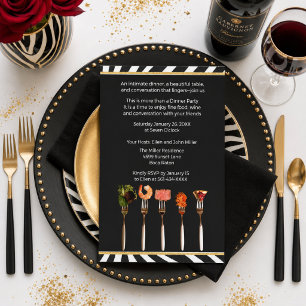 Invitación Cena de comida gourmet y vino en blanco y negro mo