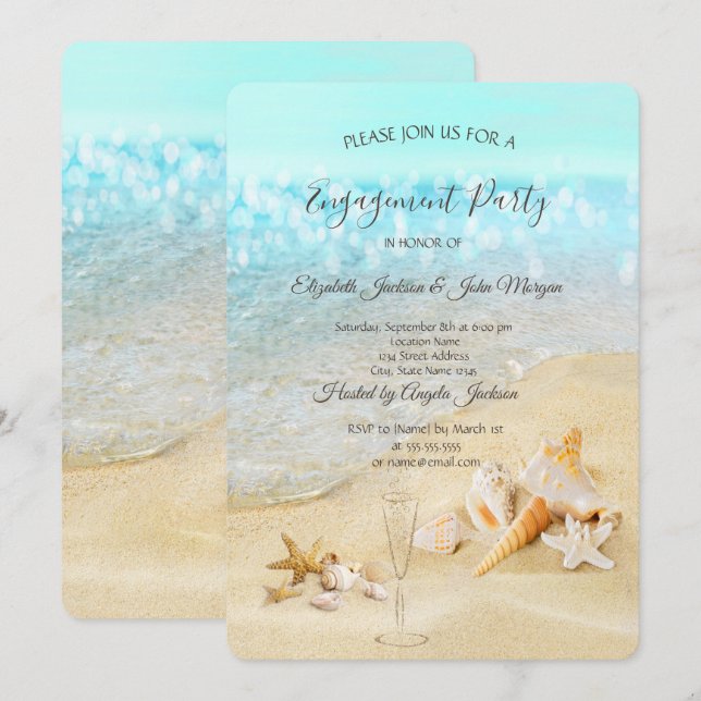 Invitación Cena de compromiso de conchas de playa en copa de  (Anverso / Reverso)
