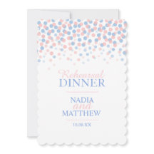 Cena de confetti azul rosado invita al ensayo